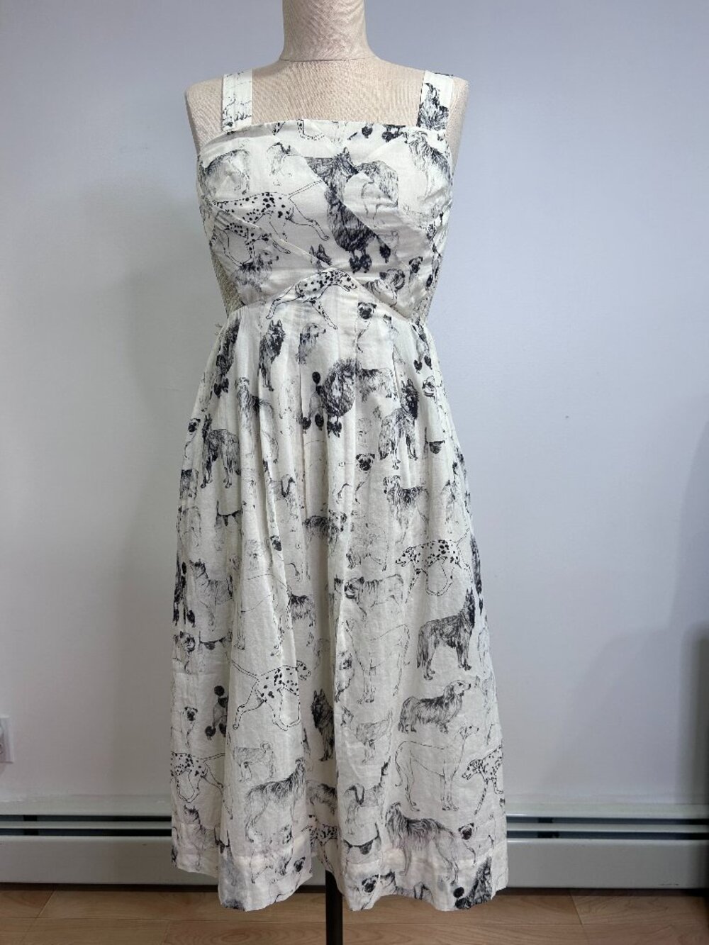 Maeve Anthropologie Dog Sketch Print Dress Sz 0 Strapless Convertible Pockets